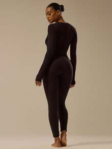 MUSERA ESSENTIALS Fitted Long Sleeve Jumpsuit Classy Basic Sexy Fall Autumn Basics Soft Buttery Toffee Winter Evening    Party Spring Summer - Black - View 3