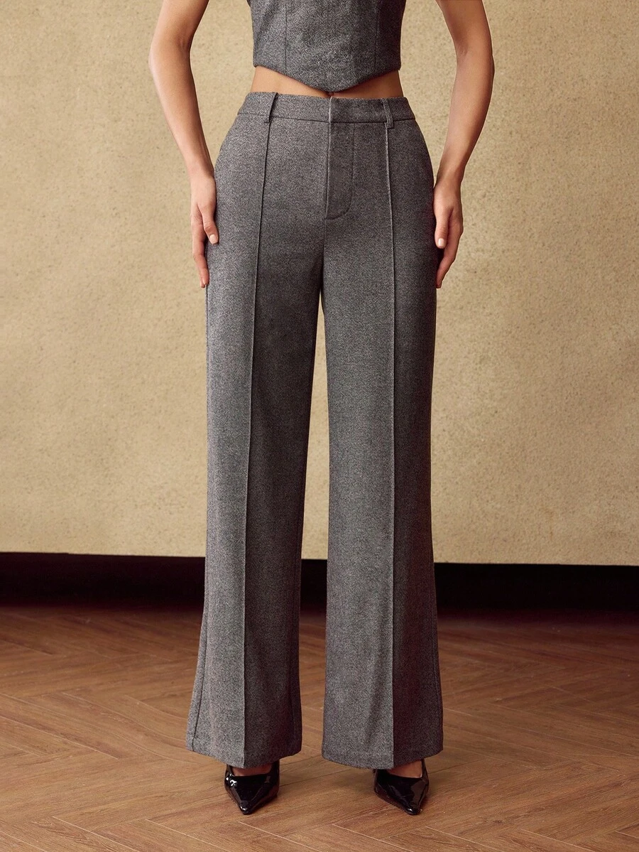 MOTF PREMIUM Quần vải Tweed pha len dành cho nữ với điểm nhấn sáng bóng, màu xám than, mùa thu/đông - Xám - Xem 2