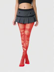 ROMWE Grunge Punk 1 đôi tất đen trơn + 1 đôi tất xám, Bộ combo phong cách Y2K Baddie, Thích hợp mặc hàng ngày khi đi dạo phố - Màu hồng đỏ - Xem 3