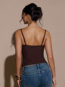 SHEIN BAE 女士棕色咖啡色修身时尚性感网纱手工串珠吊带背心，适合万圣节、圣诞节、感恩节、新年、派对等场合，亮片上衣，闪亮上衣 - 咖啡棕 - 查看 2