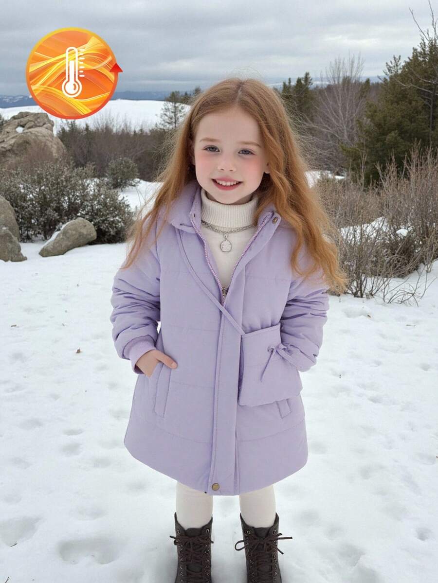 SHEIN 女童休闲时尚百搭厚棉衣带帽外套，仿毛领，拉链口袋，秋冬 - 紫色 - 查看 1