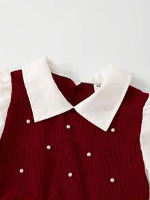 SHEIN ChillGRL 少女休闲衬衫套装，采用勃艮第蝴蝶结设计，珍珠串珠针织面料，白色长袖荷叶边下摆衬衫搭配勃艮第珍珠串珠针织喇叭裤，适合休闲、通勤、旅行、派对、拍照、返校季 - 彩色 - 查看 4