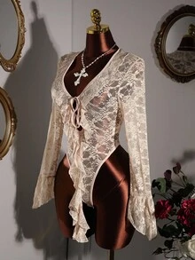 Y2K Amplova 浪漫圣诞新年感恩节派对女士蕾丝拼接巴洛克风格透视深V领系带连体衣