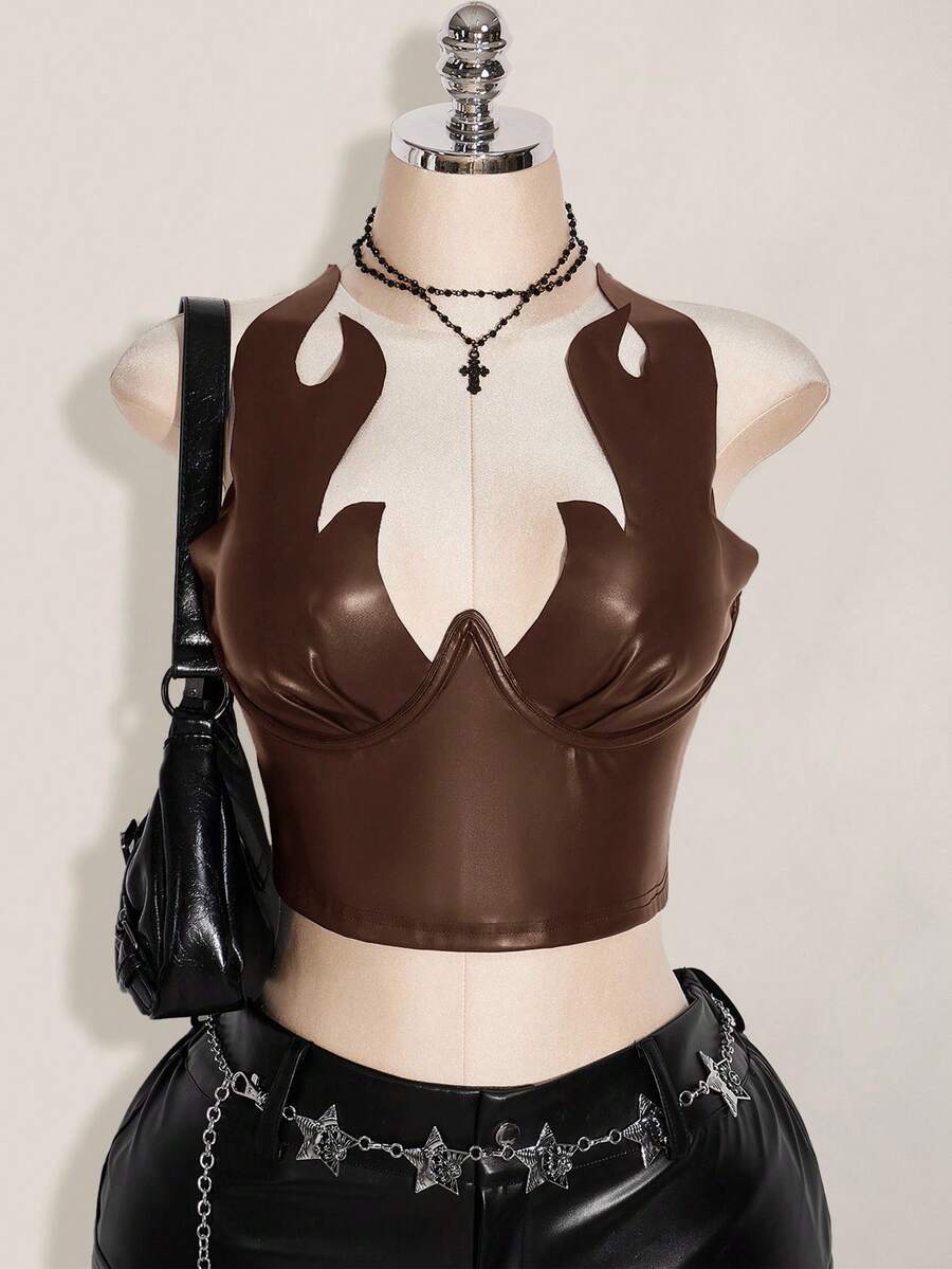 SHEIN ICON 加大码PU皮革火焰图案上衣，嘉年华服装，派对服饰，万圣节服装 - 棕色 - 查看 1