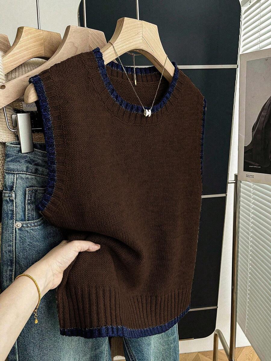 Franclia 女式休闲宽松圆领无袖针织撞色边卡其色毛衣上衣，春秋季 - 棕色 - 查看 1