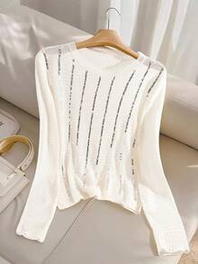 Franclia Unique French Chic Sequin Embellished Sophisticated Versatile Going Out Sweater Top For Women - White - View 1