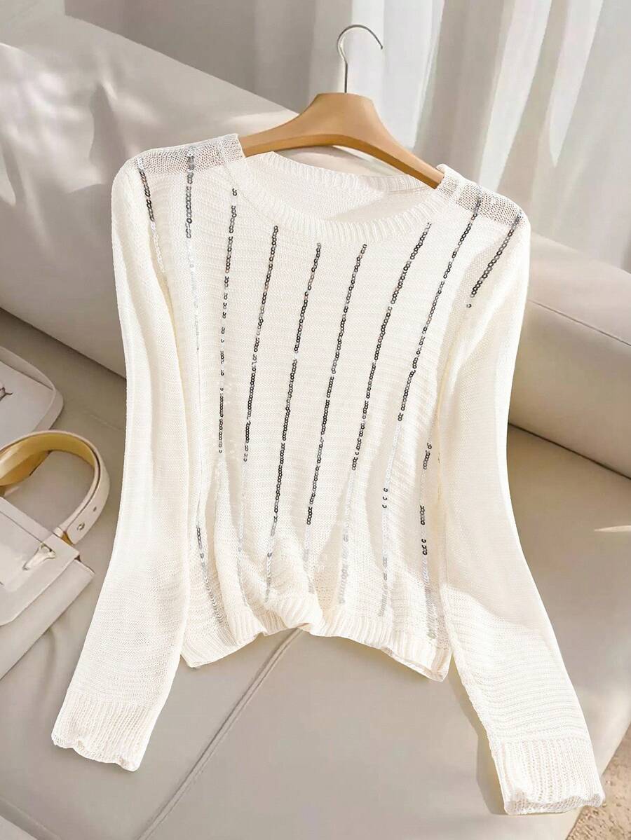 Franclia Unique French Chic Sequin Embellished Sophisticated Versatile Going Out Sweater Top For Women - White - View 1