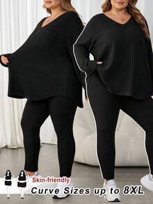 SHEIN CURVE+ Plus Size Casual Solid Color V-Neck Ribbed Brushed Long Sleeve T-Shirt