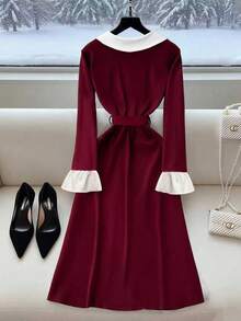 GlowEve 女士秋季优雅长款针织连衣裙 - 紅色 - 查看 2