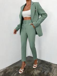 EURMUSE Women's Fashion Double-Breasted Regular Shoulder Long Sleeve Lapel Collar Suit Set - Mint Green - View 3