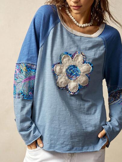 Bohemela Autumn/Winter BOHO Vacation Casual Patchwork Long Sleeve Loose Washed Women Graphic T-Shirt Blue Hippie Blue Floral Top Blue Long Sleeve Top Blue Graphic Shirt