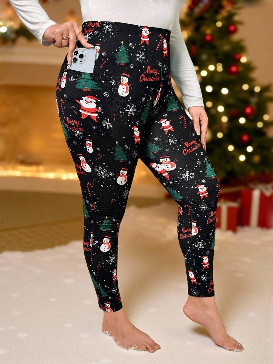 SHEIN Essnce Plus Size Women's Autumn And Winter Fashion Casual High Elastic Comfortable Santa Claus Print Black Leggings With Pockets, Festival Clothes,Curve Pants,Fall Outfits,Christmas Outfit For Women Plus Size Christmas Leggings Christmas Outfit Women