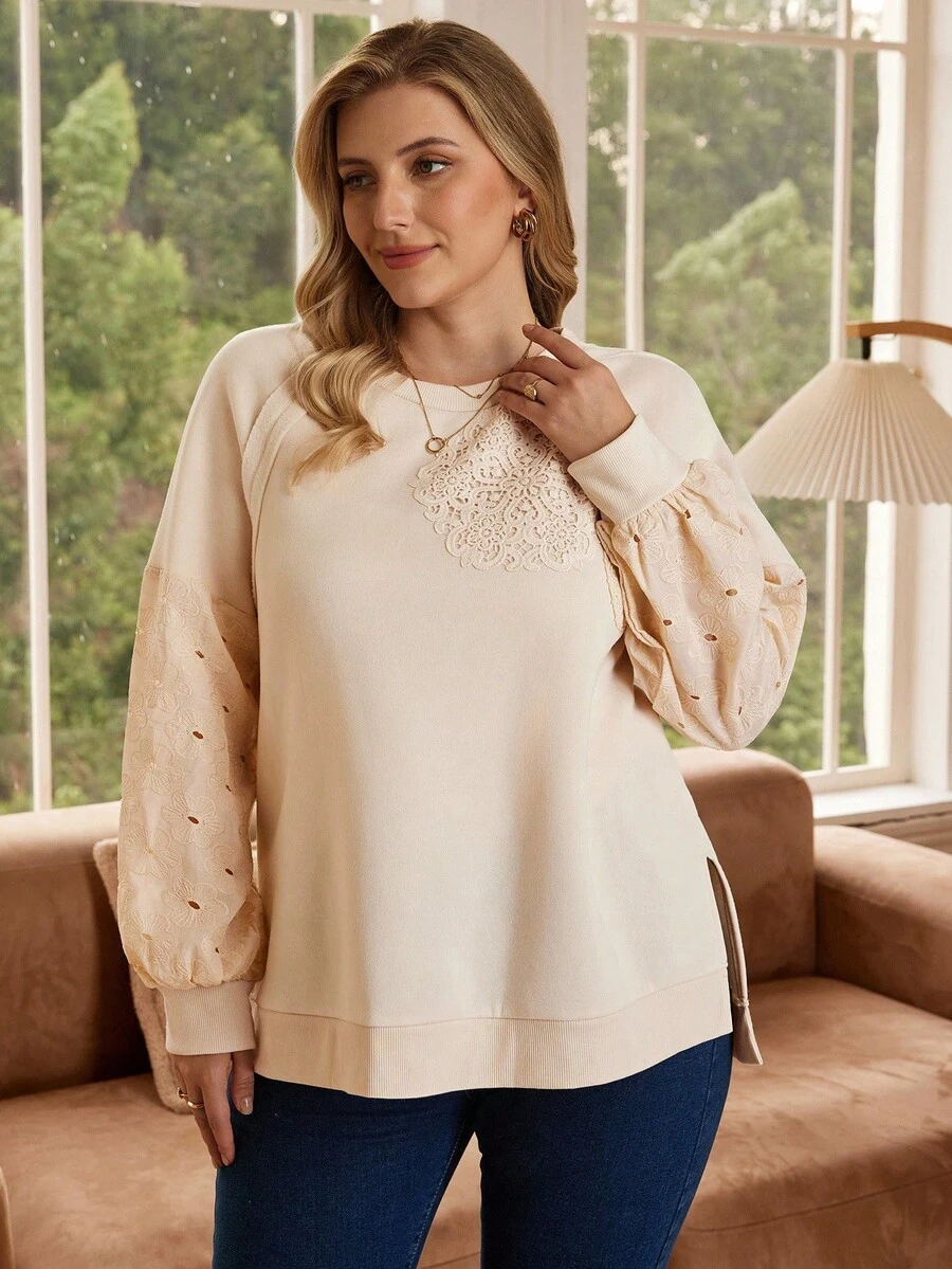 Rosumi Plus Size Elegant Lace Floral Embroidery Sweatshirt, Autumn/Winter - Beige - View 1