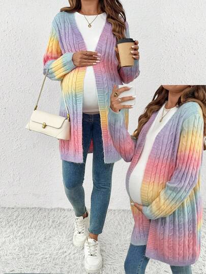 SHEIN Maternity Ombre Color Long Sleeve Open Front Casual Long Cardigan