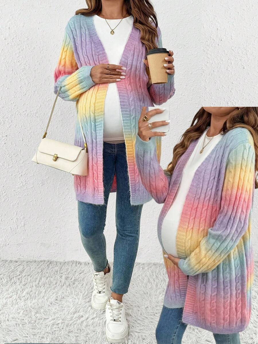 SHEIN Maternity Ombre Color Long Sleeve Open Front Casual Long Cardigan - Multicolor - View 1
