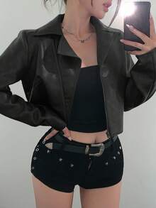DAZY 女士休闲短款PU皮夹克，街头风，秋冬Y2K风格 - 黑色 - 查看 2