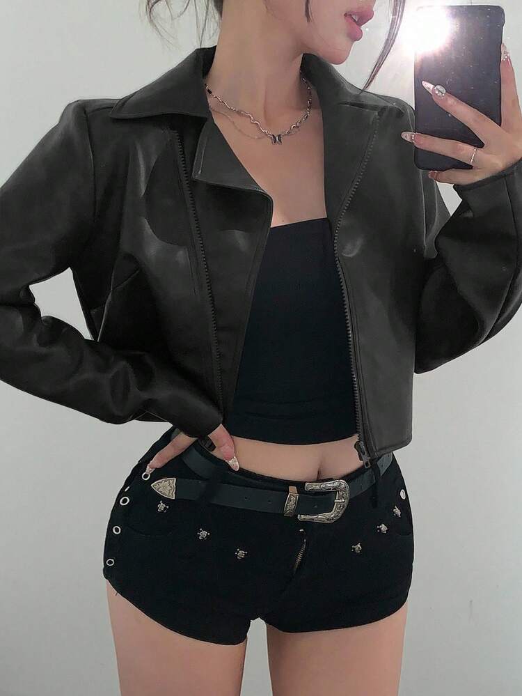 Women's Casual Short PU Leather Jacket, Street Style, Autumn/Winter Y2k