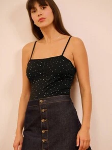 lacRébo 黑色钻石装饰方领连体衣，露背系带设计，适合秋冬季派对晚会