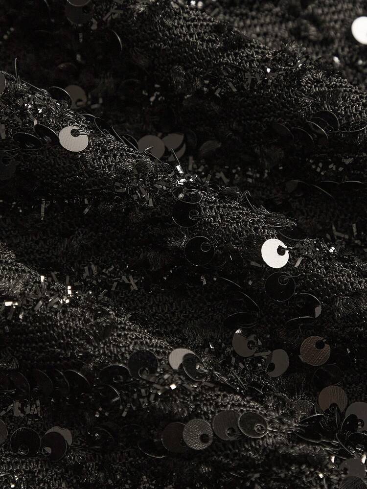 Black Sequin Tweed Shirt With Satin Collar And Button-Up Front Spring Women Spring Summer Premium Night Out Top Party Top New Year Party French Style Parisian Style