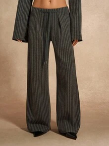 Chiquease 2pcs Business Casual Striped Long Sleeve Jacket Top And Wide Leg Pants Set - Brown - View 6