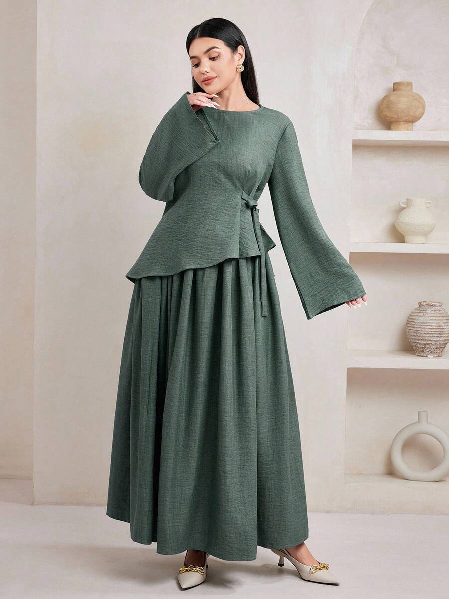 Veilorie Bộ 2 món áo sơ mi tay chuông và chân váy trơn màu thanh lịch dành cho nữ - xanh quân đội - Xem 1