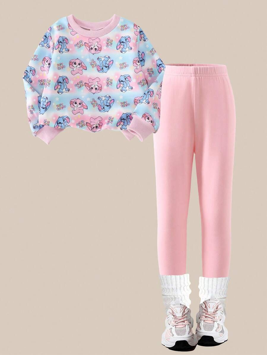Young Girl's Purple Gradient Rabbit Print Long-Sleeve Crewneck Sweatshirt & Purple Leggings Set – Stylish, Elegant & Cute Daily Outfit For Spring & Autumn - Pink - View 1