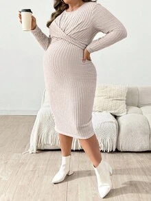 SHEIN Fall Clothes,Autumn Clothes,Maternity Autumn/Winter Clothes Maternity Plus Size Solid Color Round Neck Long Sleeve Cross Design Ribbed Fitted Midi Dress Maternity Dress Long Sleeve Maternity Dress Beige Maternity Dress Knitted Maternity Dress Maternity Knitted Dress Ribbed Maternity Dress Ribbed Knit Dress Pregnancy Clothes Maternity Two Piece Sets Pregnancy Dress With Belt