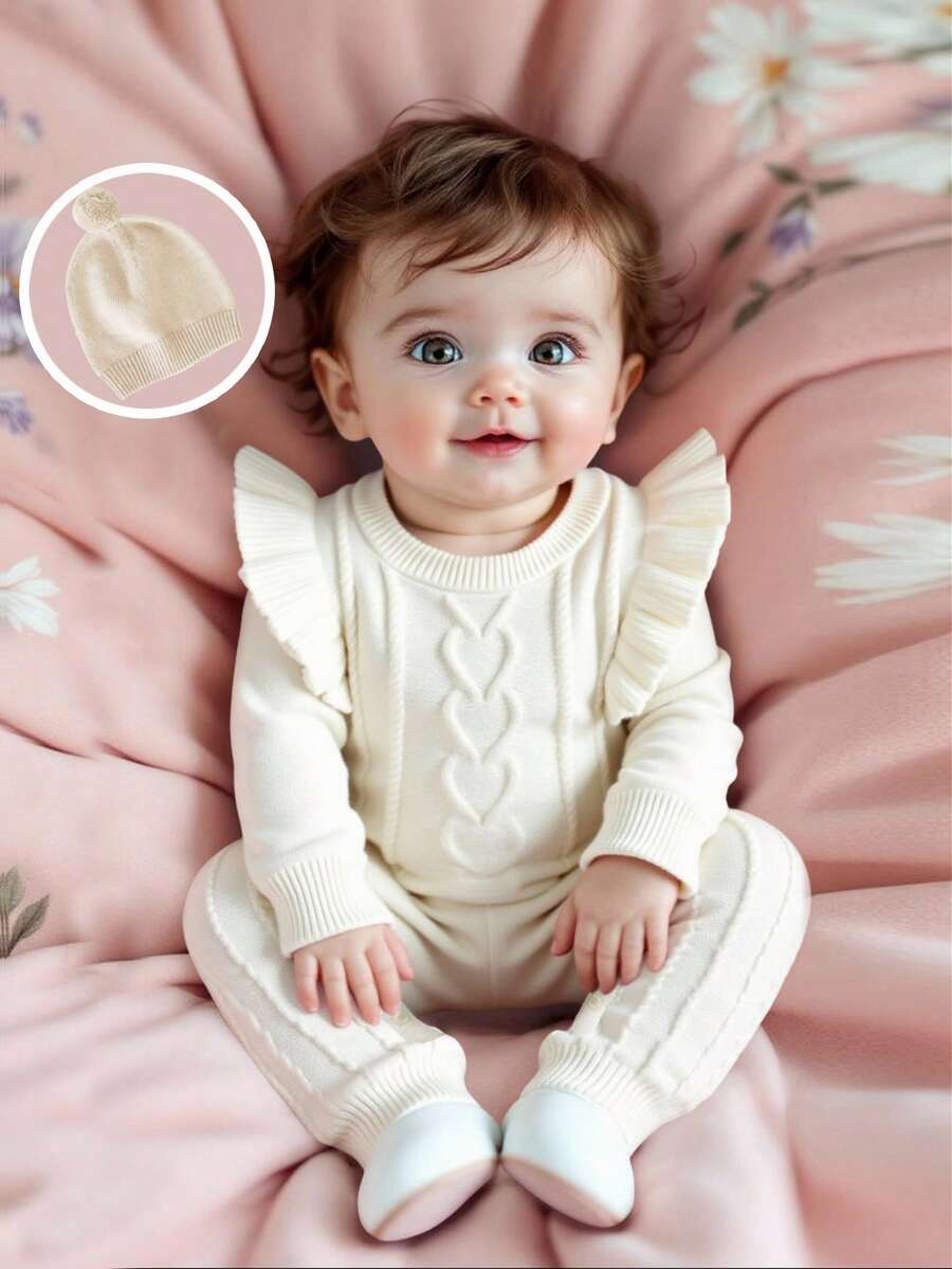 SHEIN 新生女婴可爱白色荷叶边长袖针织连体衣（带帽），秋冬 - 白色 - 查看 1