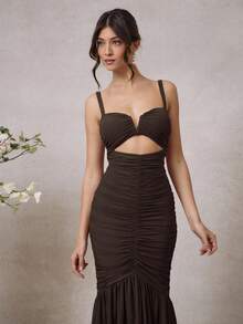 L'Amorae 花朵褶饰鱼尾下摆镂空连衣裙 - 棕色 - 查看 6