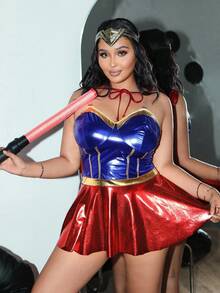 Fantasy Costume 2 pezzi Set di Mantello da Supereroe e Abito Aderente, Abito da Club con Scollo Senza Spalline in Contrasto di Colore in Pelle PU, Adatto per Mascherata, Bar festa, Festival Musicale, Cosplay Taglie Forti