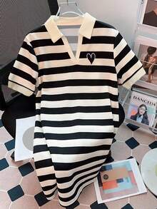 SHEIN Women's Casual Polo Shirt Dress,Fashion Design Black And White Striped,Summer,School,Back-To-School,Daily Wear,Street Photography Must-Have Dress - Multicolor - View 1