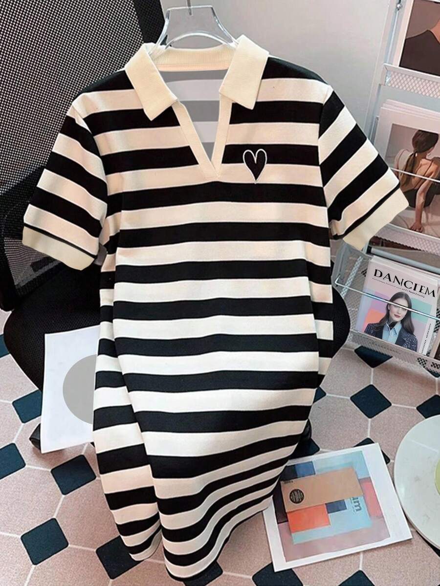 SHEIN Women's Casual Polo Shirt Dress,Fashion Design Black And White Striped,Summer,School,Back-To-School,Daily Wear,Street Photography Must-Have Dress - Multicolor - View 1