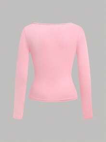 SHEIN Girlism 2pcs/Set Tween Girls' Crew Neck Fitted Basic Casual Long Sleeve T-Shirts - Watermelon Pink - View 6