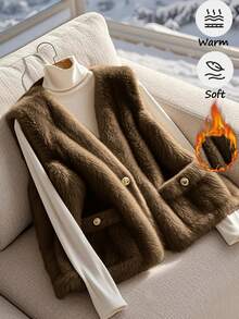 Franclia 女式优雅无袖仿皮草背心，带口袋，秋冬 - 棕色 - 查看 1