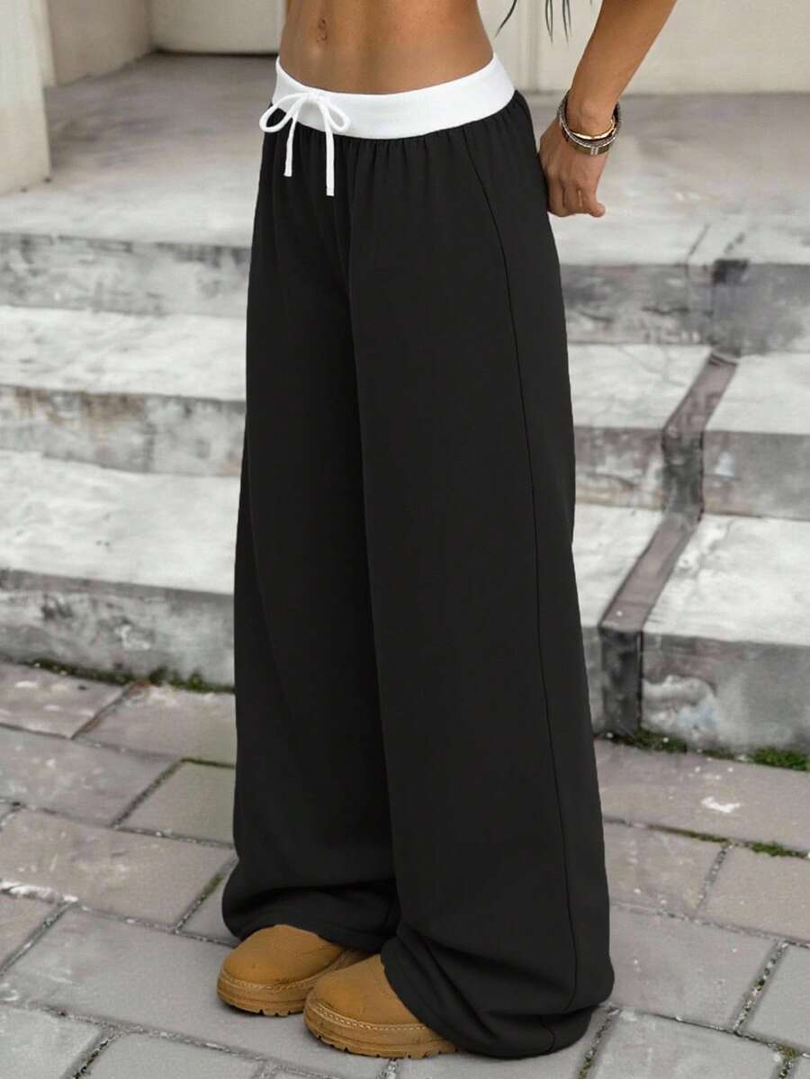 SHEIN Tween Girls Daily Wear Outfits Casual Basic 100%Cotton Elastic Waistband White Pants, Wide Leg Pants, Back To School Loose Pants Black Baggy Pants Drawstring Pants - Black and White - View 1