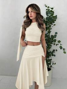 Jemour Ladies' Solid Color Graduation Season White Dress, Asymmetric Oblique-Shoulder Top With Tied Straps + Asymmetrical Hem High Side Slit Ruched Skirt - Apricot - View 4
