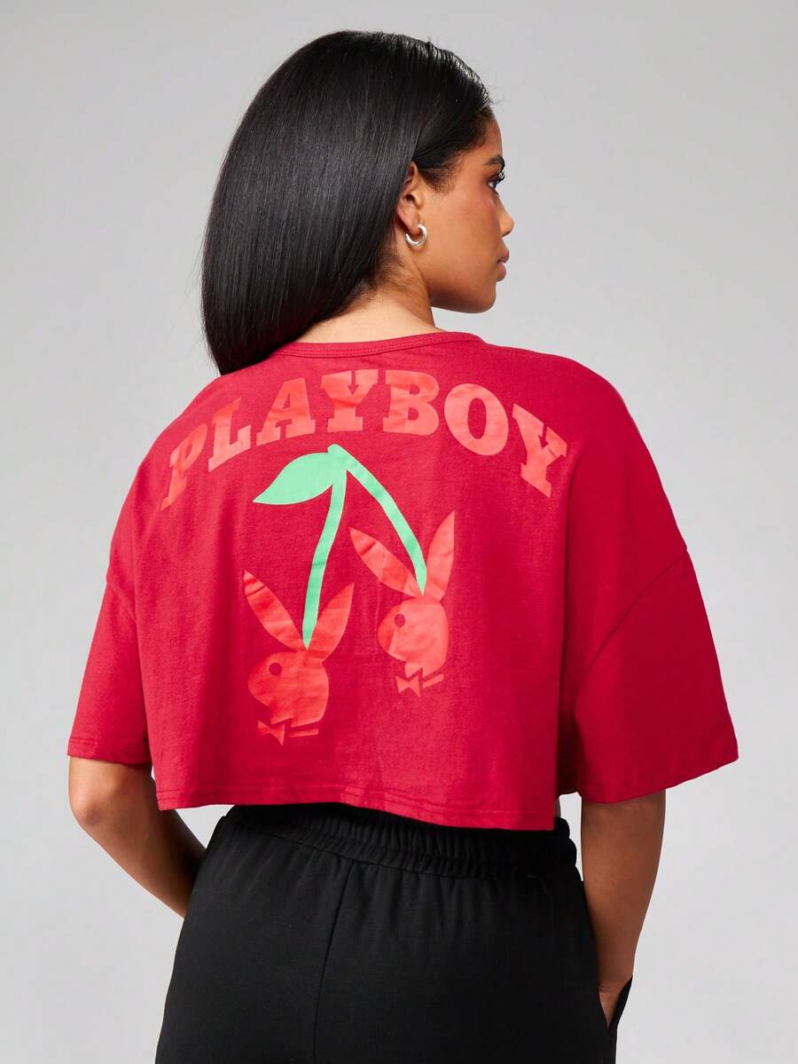 Missguided x Playboy 圣诞节超大款短款棉质T恤,樱桃印花时尚T恤,休闲夏季节日街头风露脐短袖宽松版型,Logo设计 - 紅色 - 查看 1