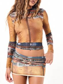 SUMWON WOMEN Vintage Western Belt Print Long Sleeve Two Piece Co-Ord Set With Distressed Look For Festival And Party - Crop Top And Mini Skirt Set - Multicolor - View 6
