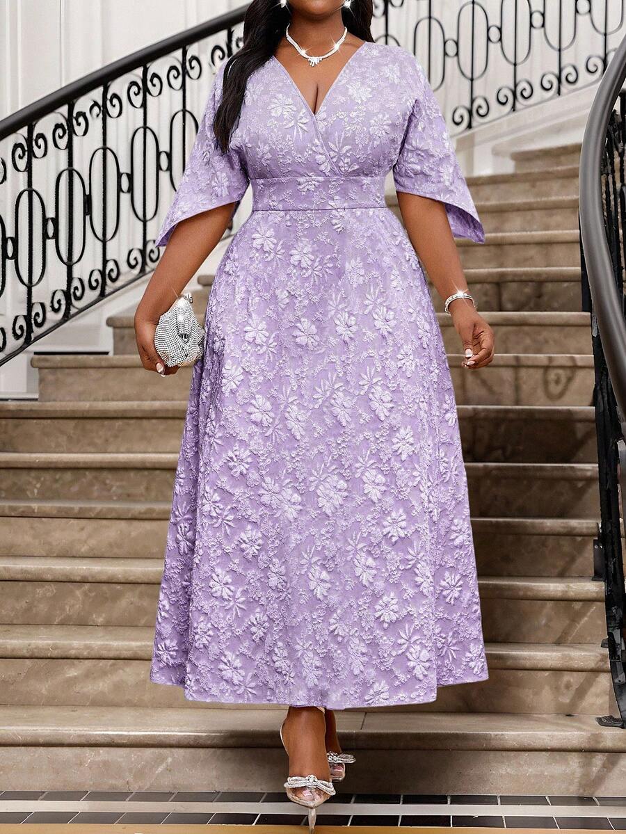 SHEIN Lady 春夏秋冬优雅派对通勤办公室彩色编织缺口舞会礼服短袖卡夫坦连衣裙大码连衣裙 - 紫色 - 查看 1