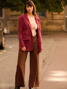 lacRébo Blazer holgado y texturizado de color borgoña con flores, con bolsillos delanteros, para mujer en otoño e invierno - Rojo - Ver 7