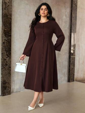 Roveilla Plus Size Women Vintage Minimalist Conservative Casual Solid Color Long Sleeve Dress, Autumn/Winter Plus Size Brown Dress Curve Casual Dress Modest Dress For Women Plus Size Western Dress Long Sleeve Elegant Dress