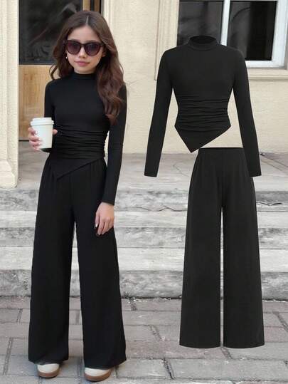 SHEIN 青少年女孩休闲基本款简约舒适高弹力羊毛立领不对称褶饰修身上衣和宽松阔腿裤两件套，返校季，黑色，适合日常外出