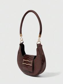 SHEIN BAE A Retro Fashion Indentation Crocodile Pattern Crescent Moon Underarm Bag Hardware Buckle Opening Lightweight Solid Colour Shoulder Bag Suitable For Women's Daily Use, Tready Crescent Moon Bag For Women, Retro Inspired Bag For Women