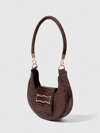 SHEIN BAE A Retro Fashion Indentation Crocodile Pattern Crescent Moon Underarm Bag Hardware Buckle Opening Lightweight Solid Colour Shoulder Bag Suitable For Women's Daily Use, Tready Crescent Moon Bag For Women, Retro Inspired Bag For Women