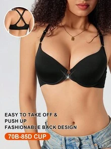 SHEIN 1pc Women Front Closure Solid Color Cross Back Sports Bra - Black - View 1