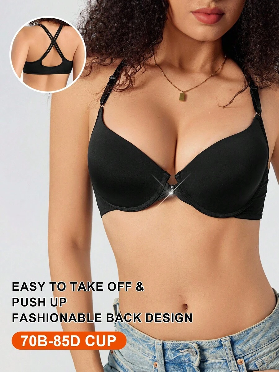 SHEIN 1pc Women Front Closure Solid Color Cross Back Sports Bra - Black - View 1