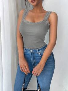 SHEIN LUNE Áo ba lỗ không tay ren thoải mái, dễ chịu dành cho nữ - Xám - Xem 3