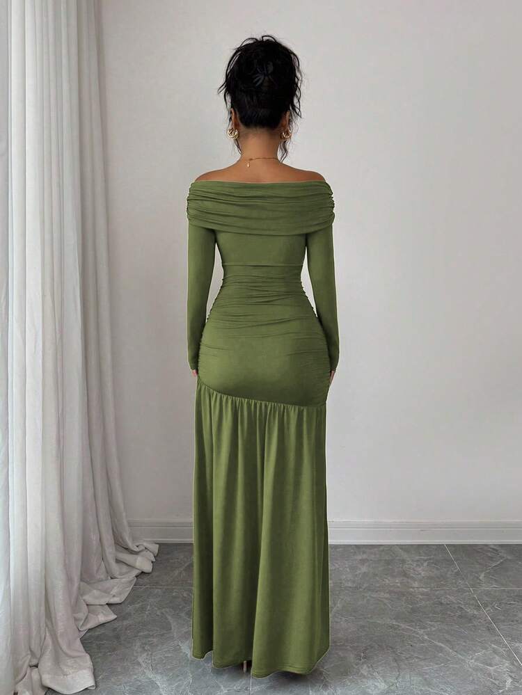 Elenzga Vestido de punto ajustado de manga larga con hombros descubiertos, elegante y vintage, para otoño/invierno, Halloween - Verde militar - Añade 2