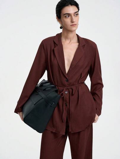 Aalyst Women's Elegant High-End Formal Office Commute Casual Curvy Business Casual Wear Vacation Afternoon Tea Daily Home Comfortable Suit Collar Open Front Belted Waist Long Sleeve Button Decor Shirt + Mid-Rise Loose Straight Leg Pants Set