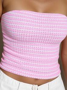 INAWLY 1 件女式夏季撞色纹理粉色条纹抹胸